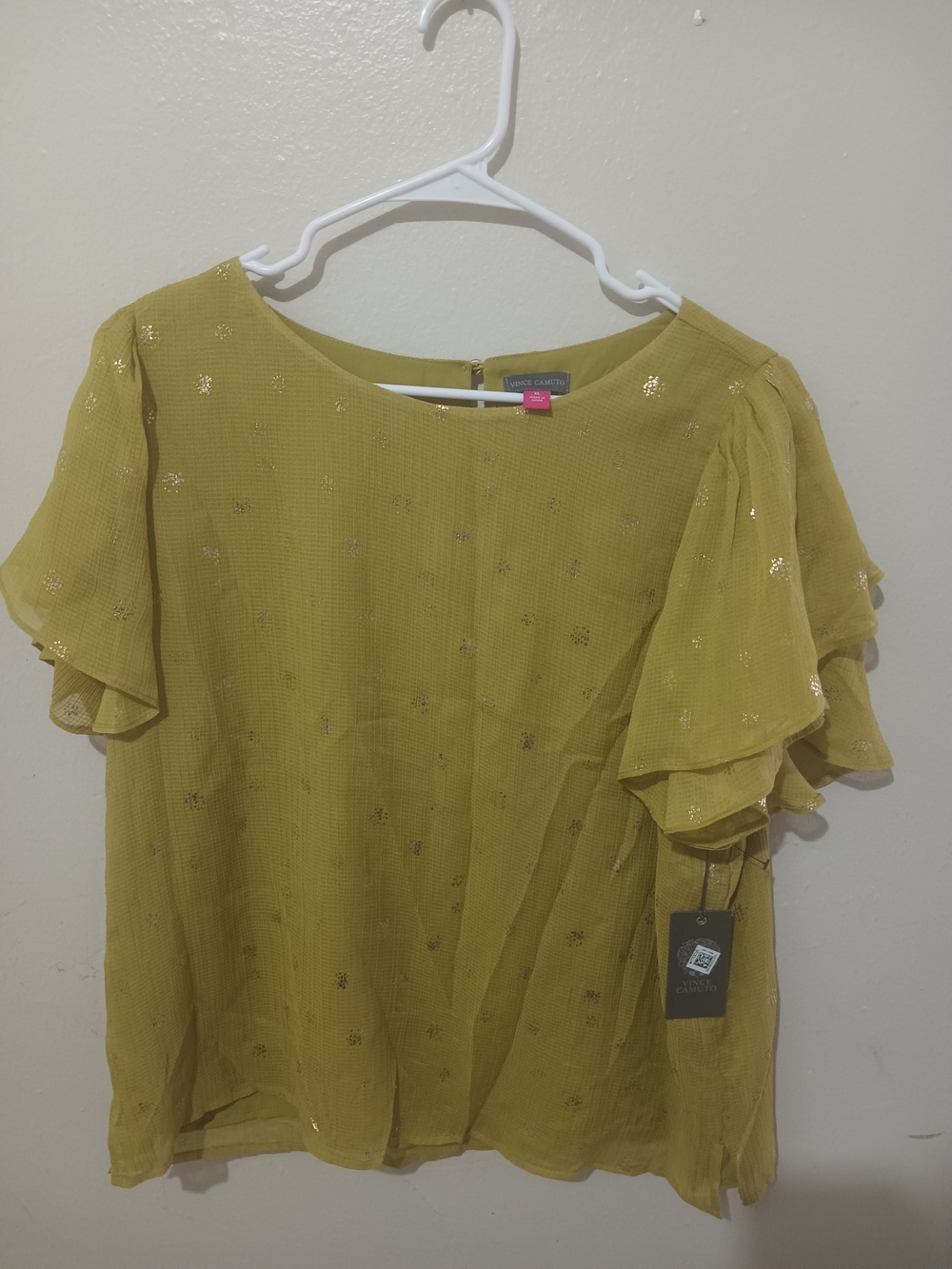 Vince Camuto Yellow Flutter Sleeve Blouse with Metallic Dots
